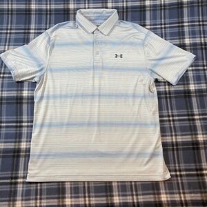 Under Armour Mens The Playoff Polo Shirt Light Blue White Striped Golf Large L